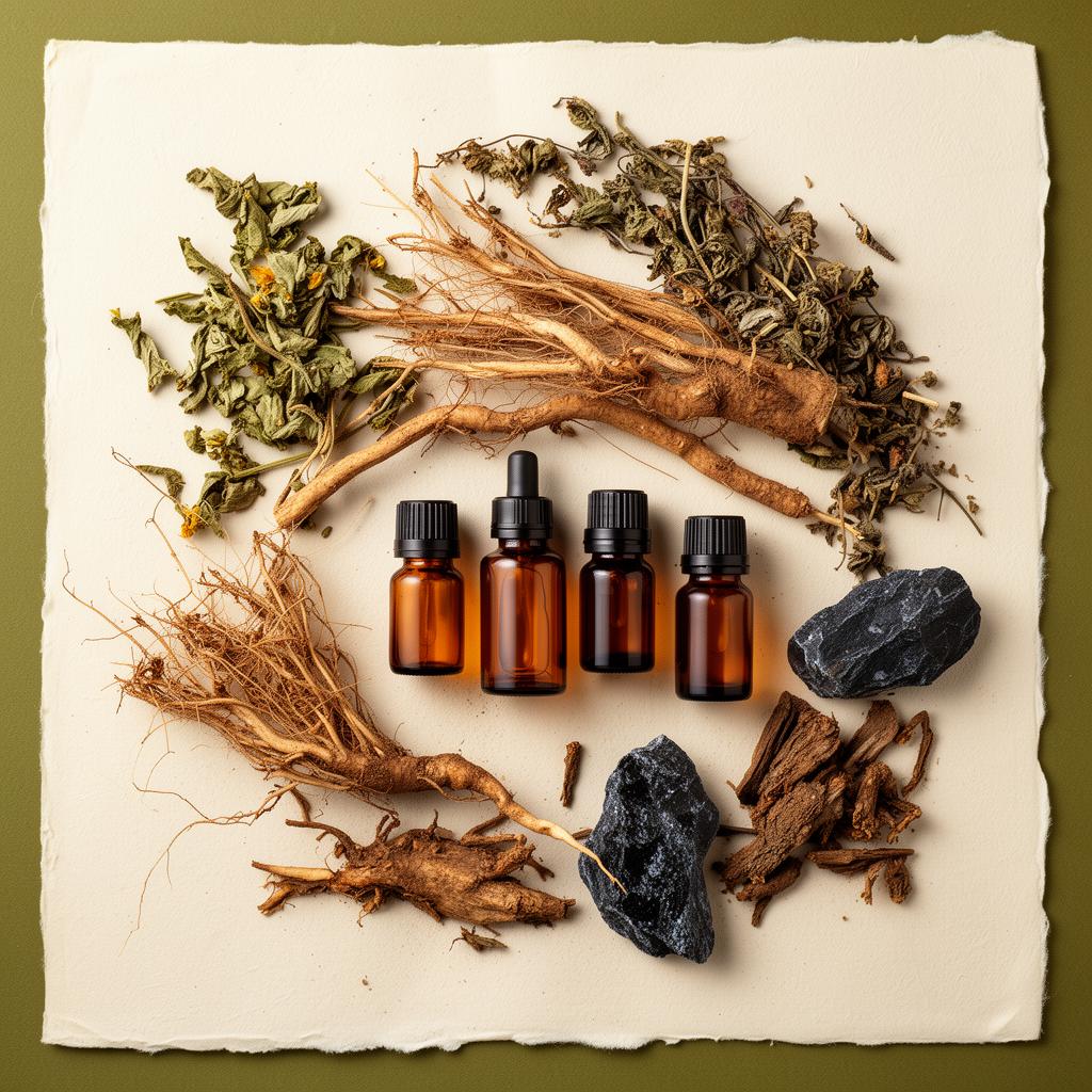 Raíces, hierbas medicinales, tinturas y obsidiana sobre papel artesanal